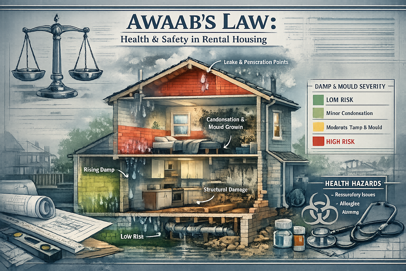 Technical illustration depicting the legal framework of Awaab's Law, showing a cross-sectional view of a rental property