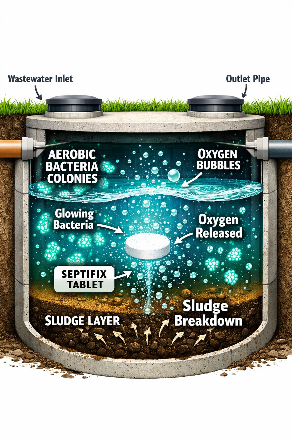 () detailed infographic illustration showing a cross-section of an underground septic tank with labeled components: aerobic