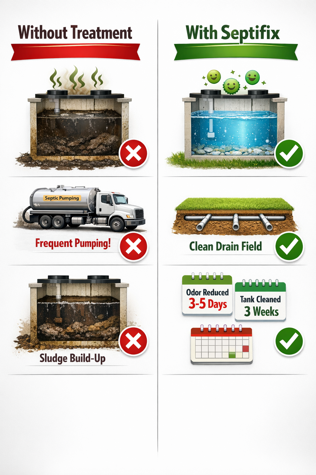 () side-by-side comparison visual showing two septic system timelines: left column labeled 'Without Treatment' showing dark