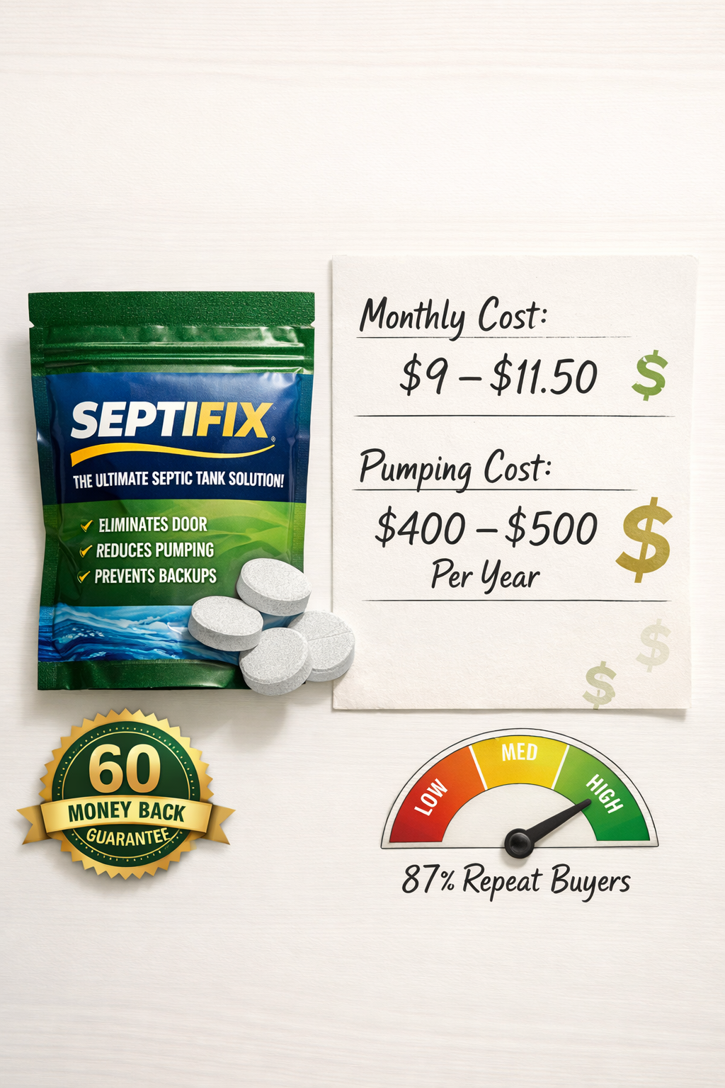 () flat-lay product and cost comparison image showing Septifix tablet packaging on a clean white surface beside a