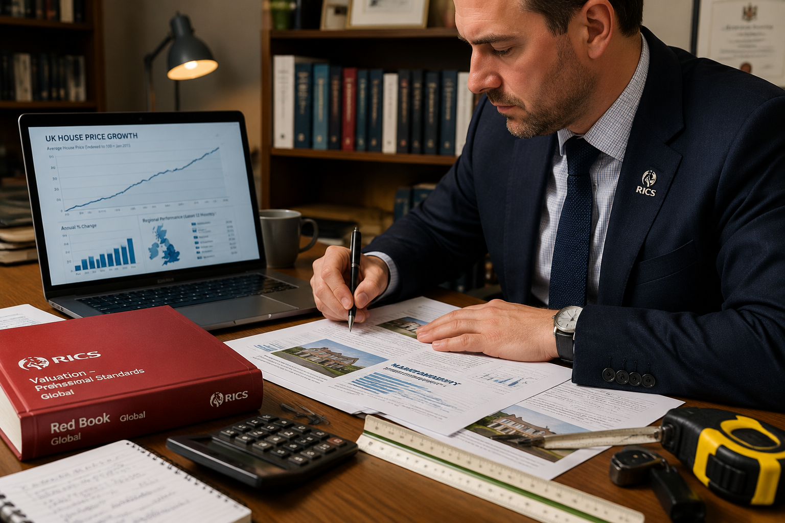 Close-up shot of a professional RICS-certified valuation surveyor at a wooden desk reviewing property documents and a laptop
