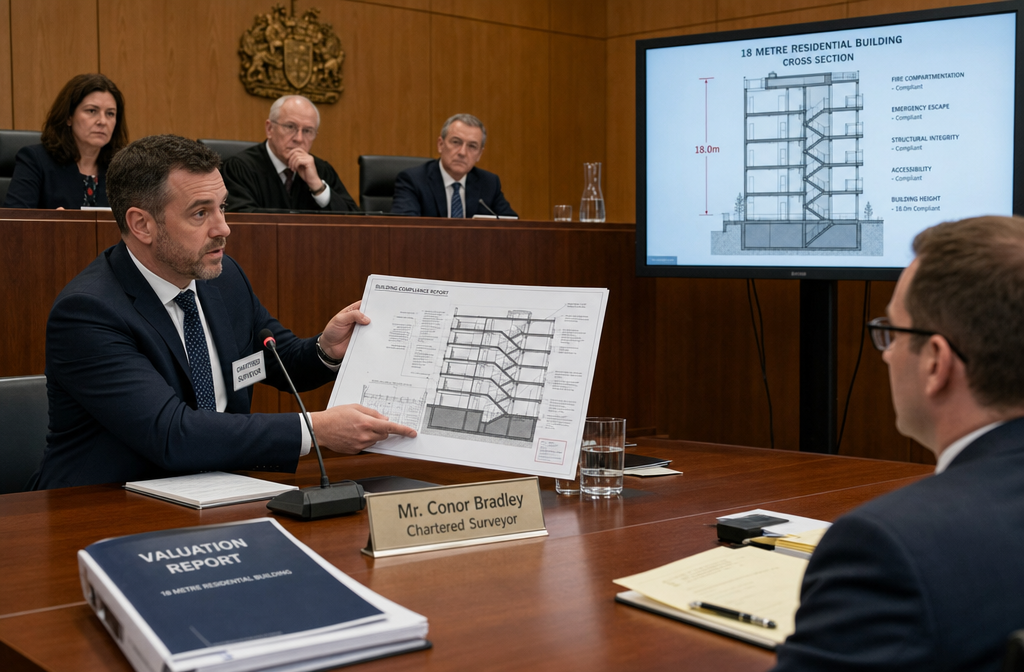 Wide-angle editorial photograph of a formal tribunal or court hearing room with a chartered surveyor expert witness seated