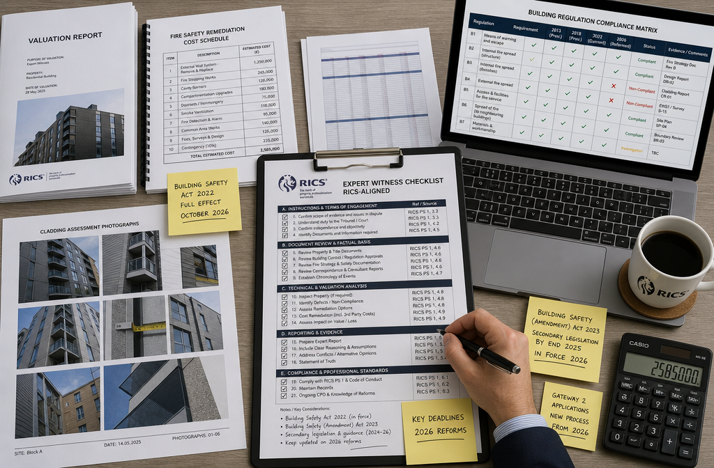 Close-up flat-lay photograph of an RICS-aligned expert witness checklist spread across a large desk, featuring printed