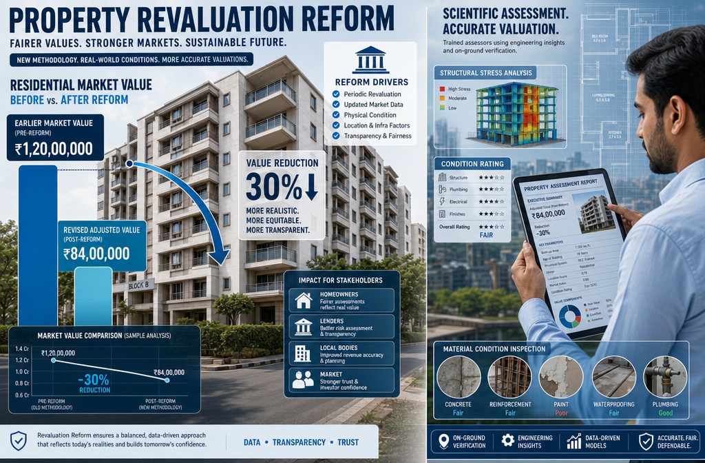Infographic-style editorial image showing a split-scene: left side depicts a mid-rise residential block with overlaid data
