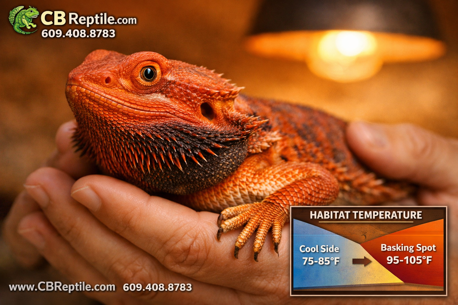 () detailed close-up image of a red bearded dragon being gently held in human hands, showcasing vivid red-orange scales with