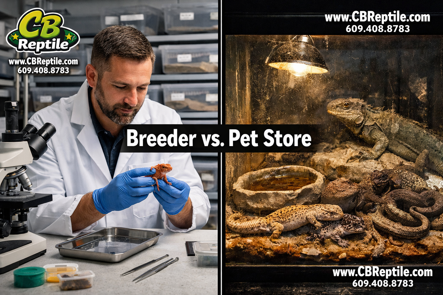 () split-scene image: left half shows a professional reptile breeder in a clean, well-lit facility examining a red bearded