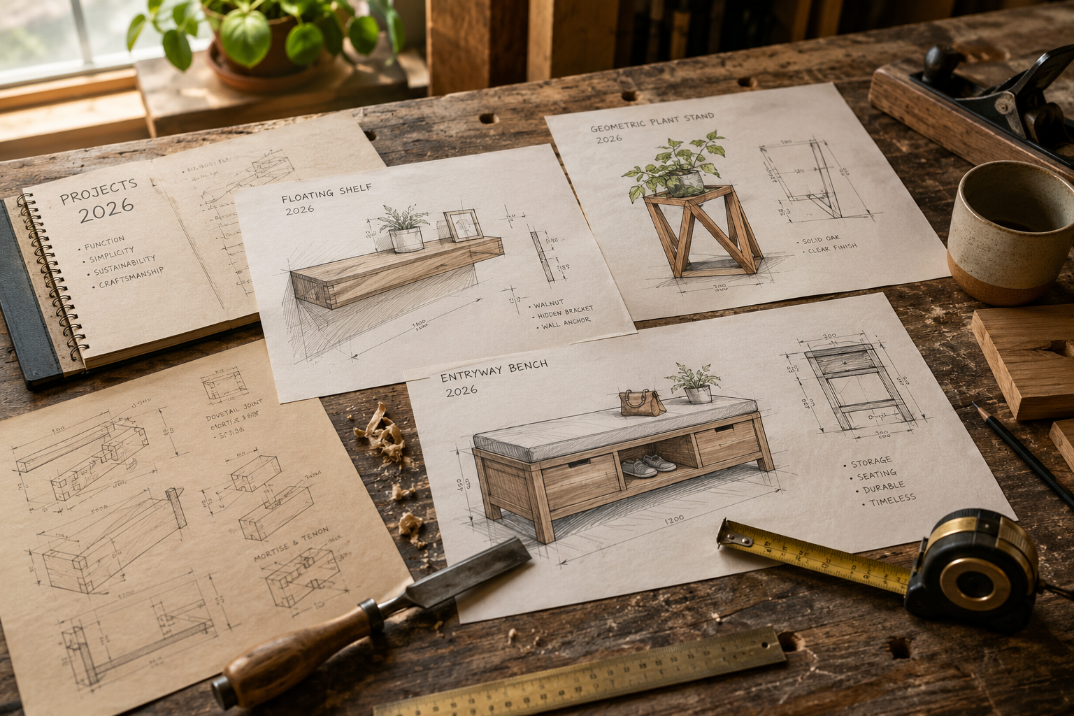 () image focusing on a curated collection of woodworking project sketches and blueprints spread across a rustic workbench.