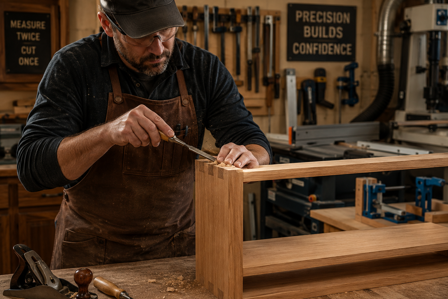 () image showcasing a professional woodworker demonstrating a specific joinery technique, possibly a dovetail joint, on a