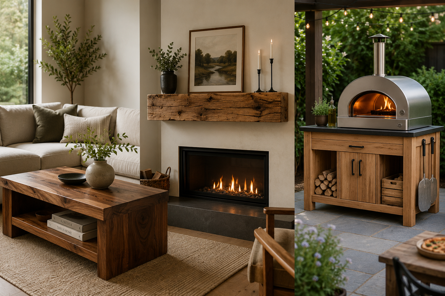 () image depicting three distinct finished woodworking projects from the 2026 list: a sleek, warm minimalist coffee table, a