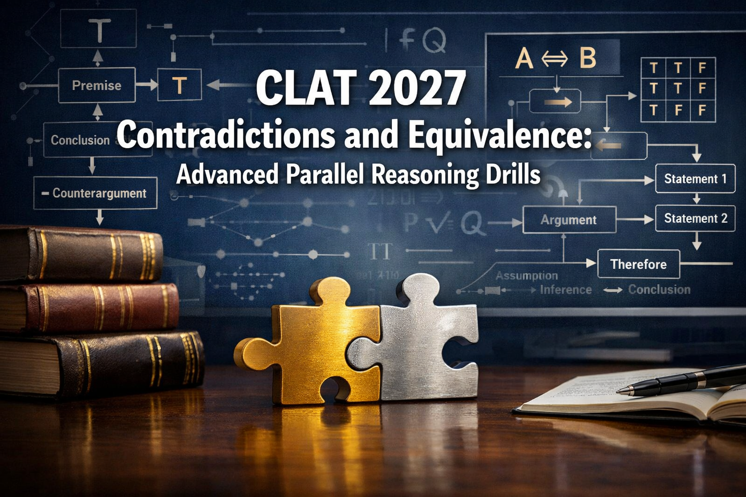 Professional landscape format (1536x1024) hero image featuring bold text overlay 'CLAT 2027 Contradictions and Equivalence: Advanced Paralle