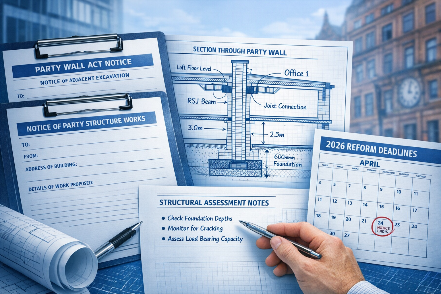 Detailed () image showing close-up technical diagram of party wall notice documentation process, featuring official Party