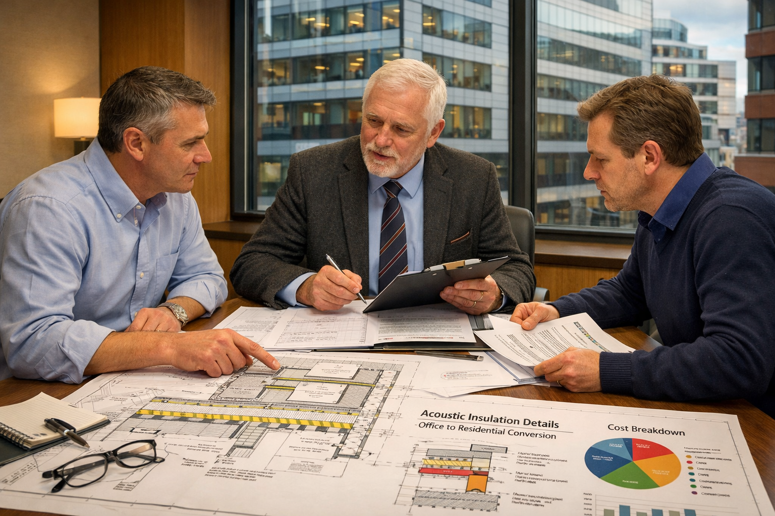 Professional () image depicting party wall award negotiation scene in urban Leeds setting, showing two neighbouring building