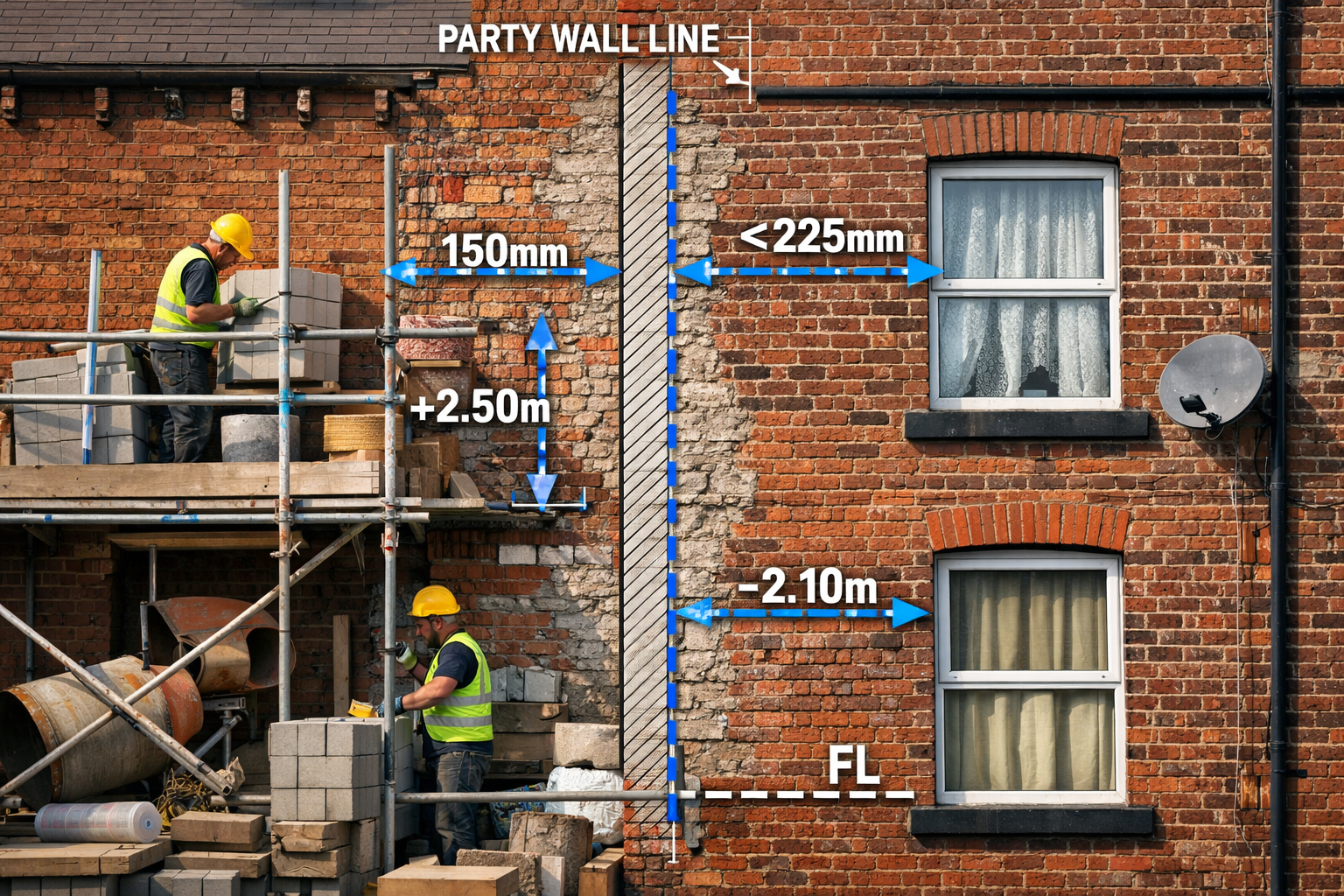 () editorial image showing close-up of shared brick party wall between two terraced houses in Manchester or Leeds, with one