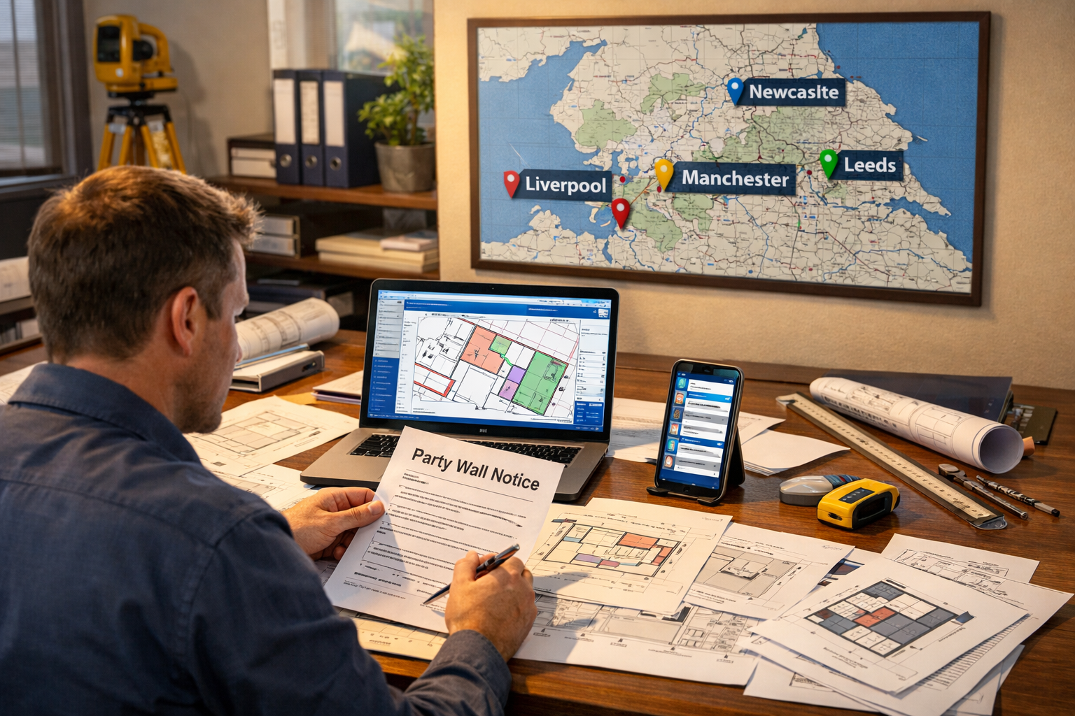 () professional office scene showing party wall surveyor at desk reviewing multiple property documents, site plans, and