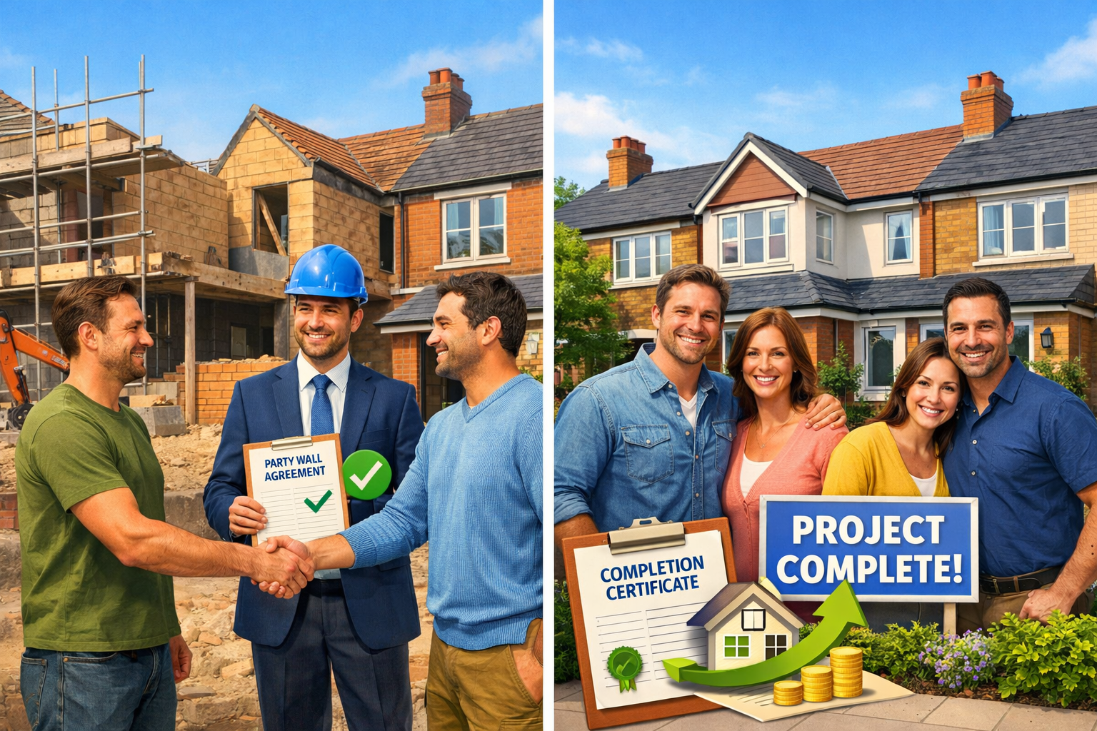 () split-screen composition showing before and after scenario of successful party wall agreement management. Left side: two