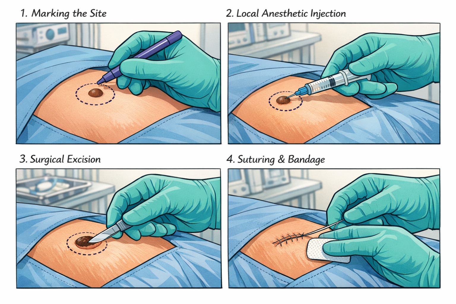 () step-by-step procedural illustration showing a dermatologist performing a mole excision in a bright outpatient minor