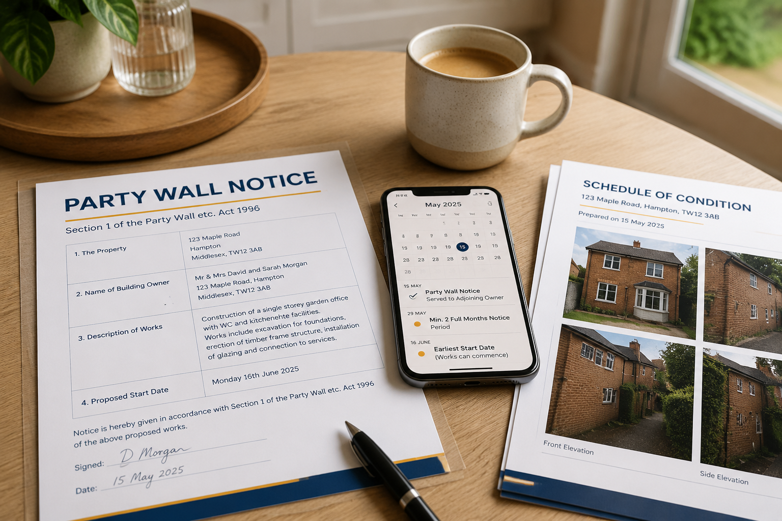 Detailed () close-up editorial photo-realistic scene of a kitchen table with a completed Party Wall Notice document for a