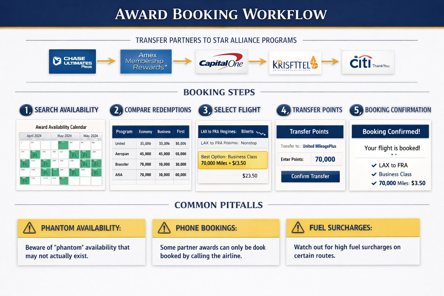 Comprehensive step-by-step visual guide (1536x1024) showing award booking workflow from search to confirmation. Top section displays credit 