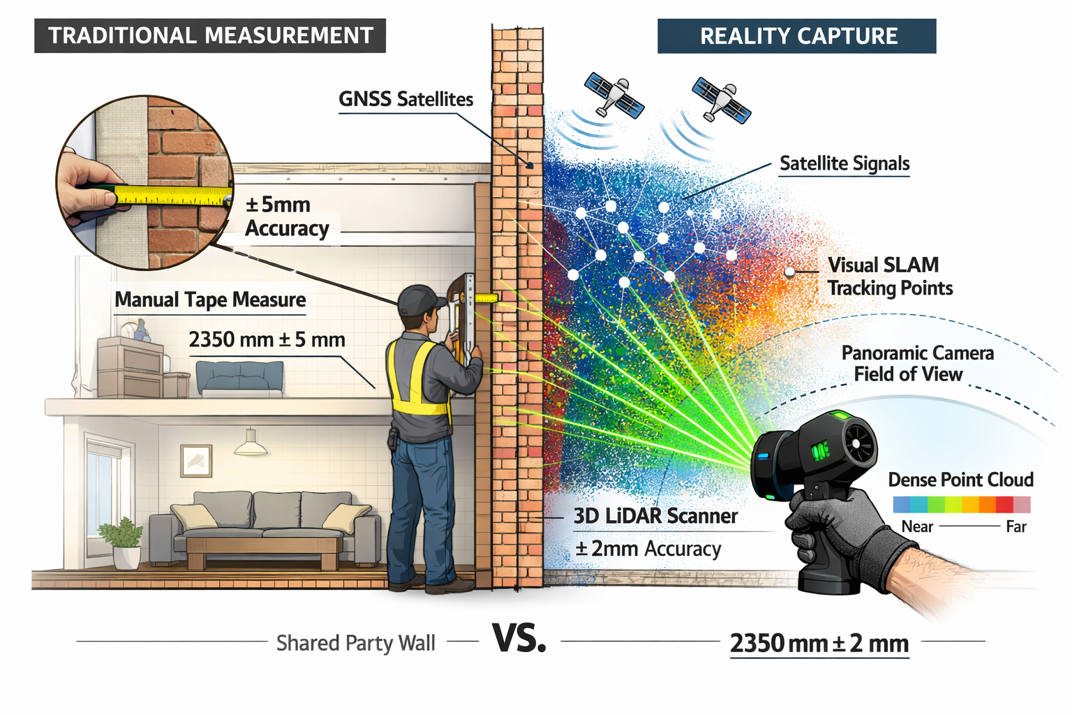 () detailed cutaway technical illustration showing cross-section of terraced house party wall with LiDAR scanner capturing