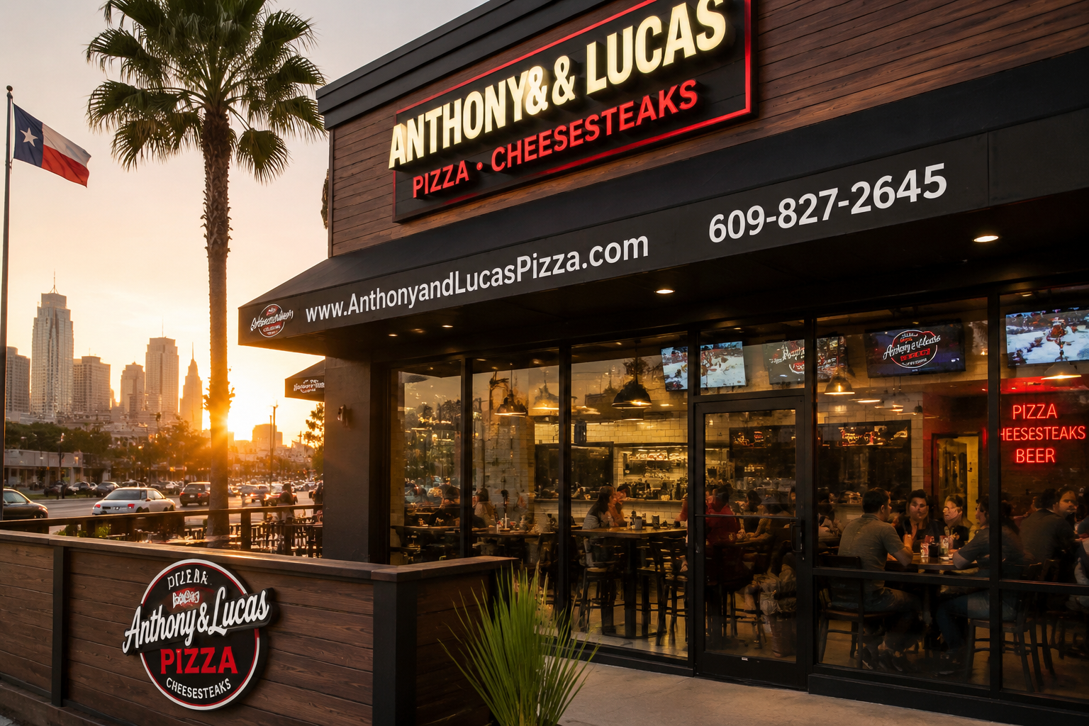 () professional business-lifestyle photograph showing the exterior of a modern fast-casual pizza and cheesesteak restaurant