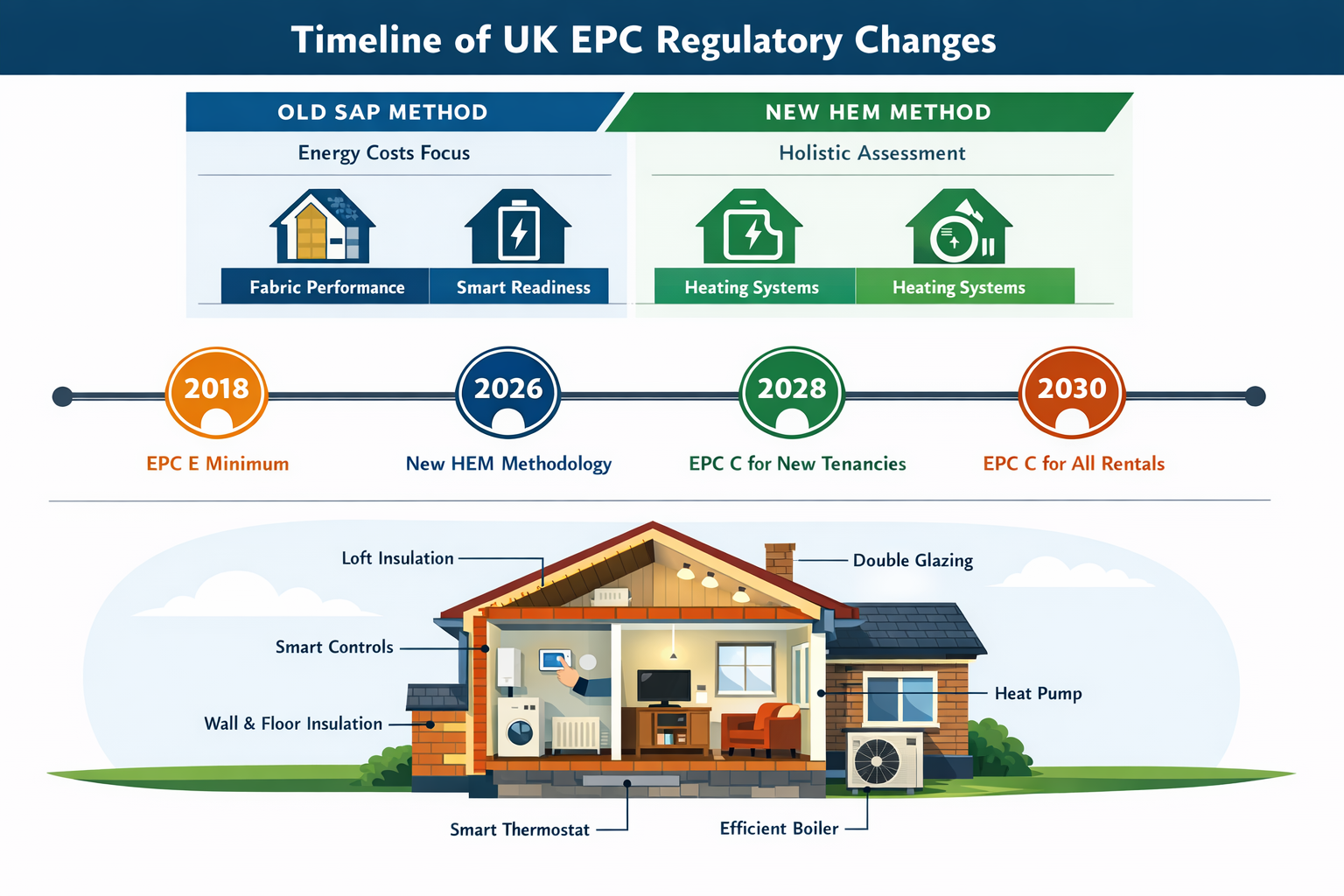 Detailed landscape format (1536x1024) infographic showing timeline of UK EPC regulatory changes from 2018 to 2030. Visual features horizonta