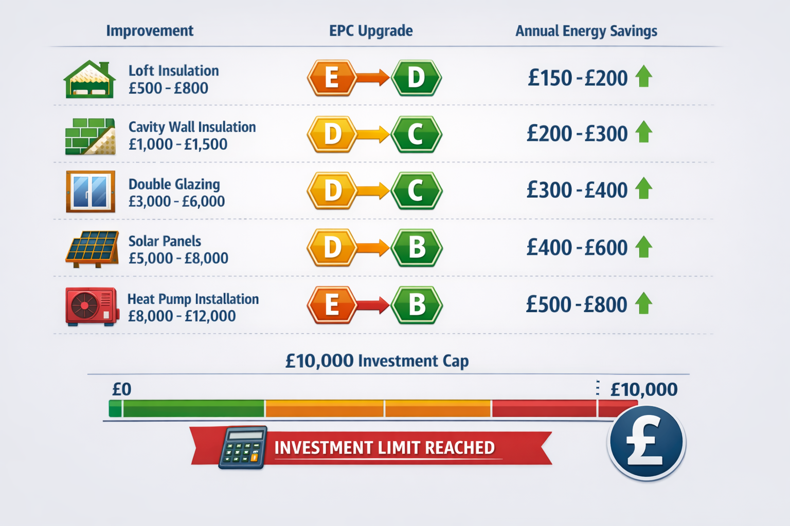 Comprehensive landscape format (1536x1024) cost-benefit analysis visualization showing retrofit improvement options arranged in ascending or