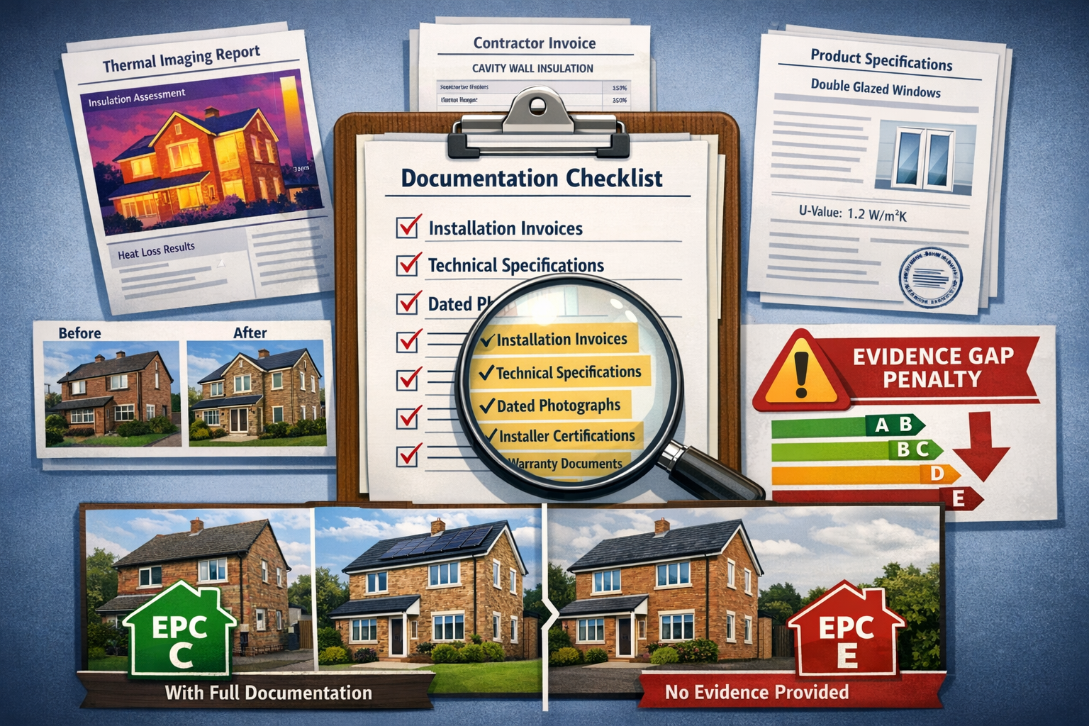 Detailed landscape format (1536x1024) building survey documentation requirements illustration. Center features checklist document with magni