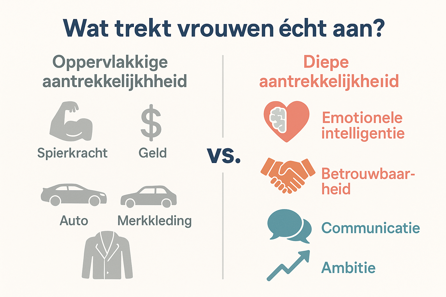 Professional landscape infographic (1536x1024) for section "De basis: wat maakt een man &eacute;cht aantrekkelijk?". Type: Split comparison visual.