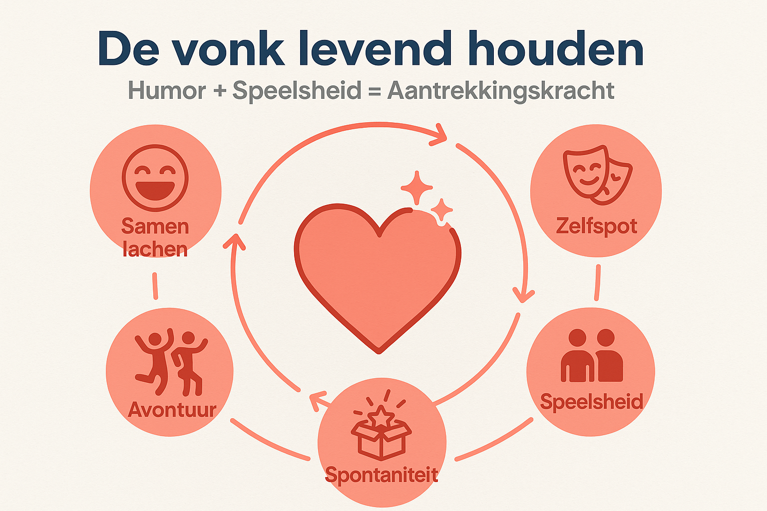 Professional landscape infographic (1536x1024) for section "Humor en speelsheid: de vonk levend houden". Type: Circular flow diagram. Center
