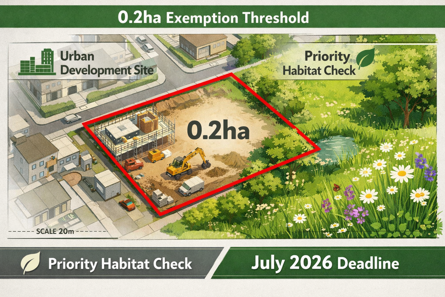 () infographic-style illustration showing a UK planning site boundary map with a 0.2 hectare measurement , red-line boundary
