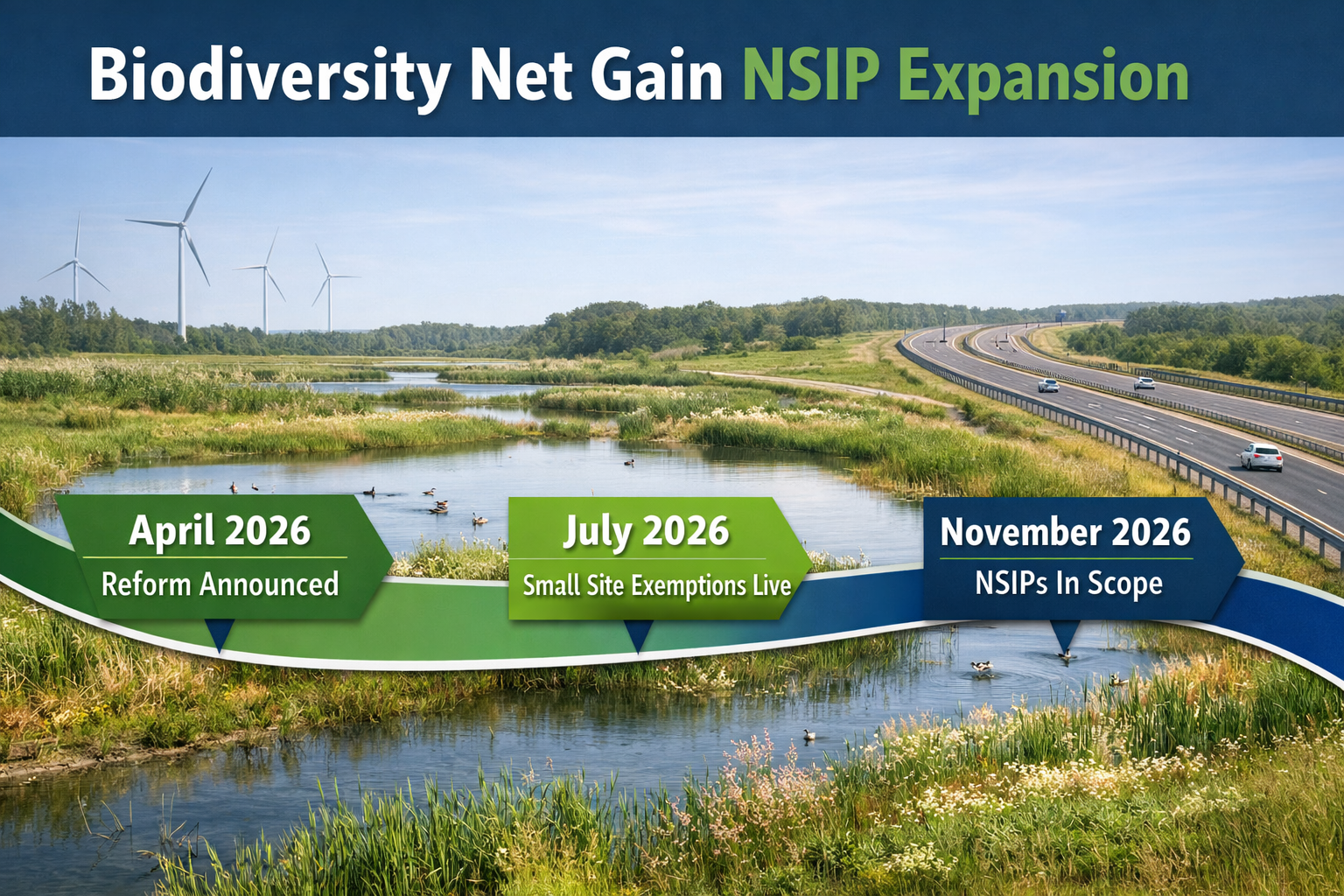 () editorial image showing a timeline graphic for Biodiversity Net Gain NSIP expansion: a horizontal roadmap ribbon