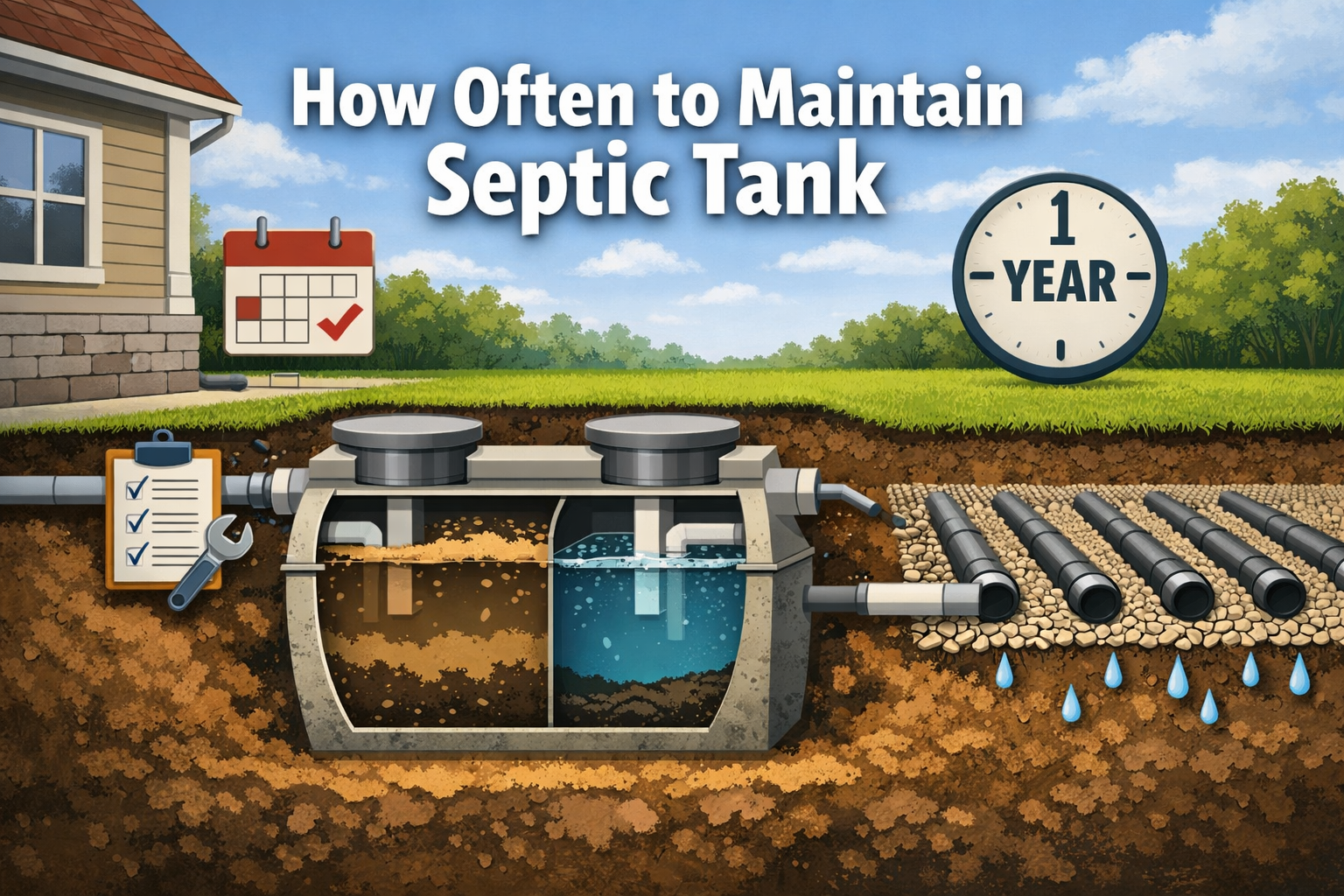 Professional landscape format (1536x1024) hero image featuring bold text overlay 'How Often to Maintain Septic Tank' in 70pt white sans-seri