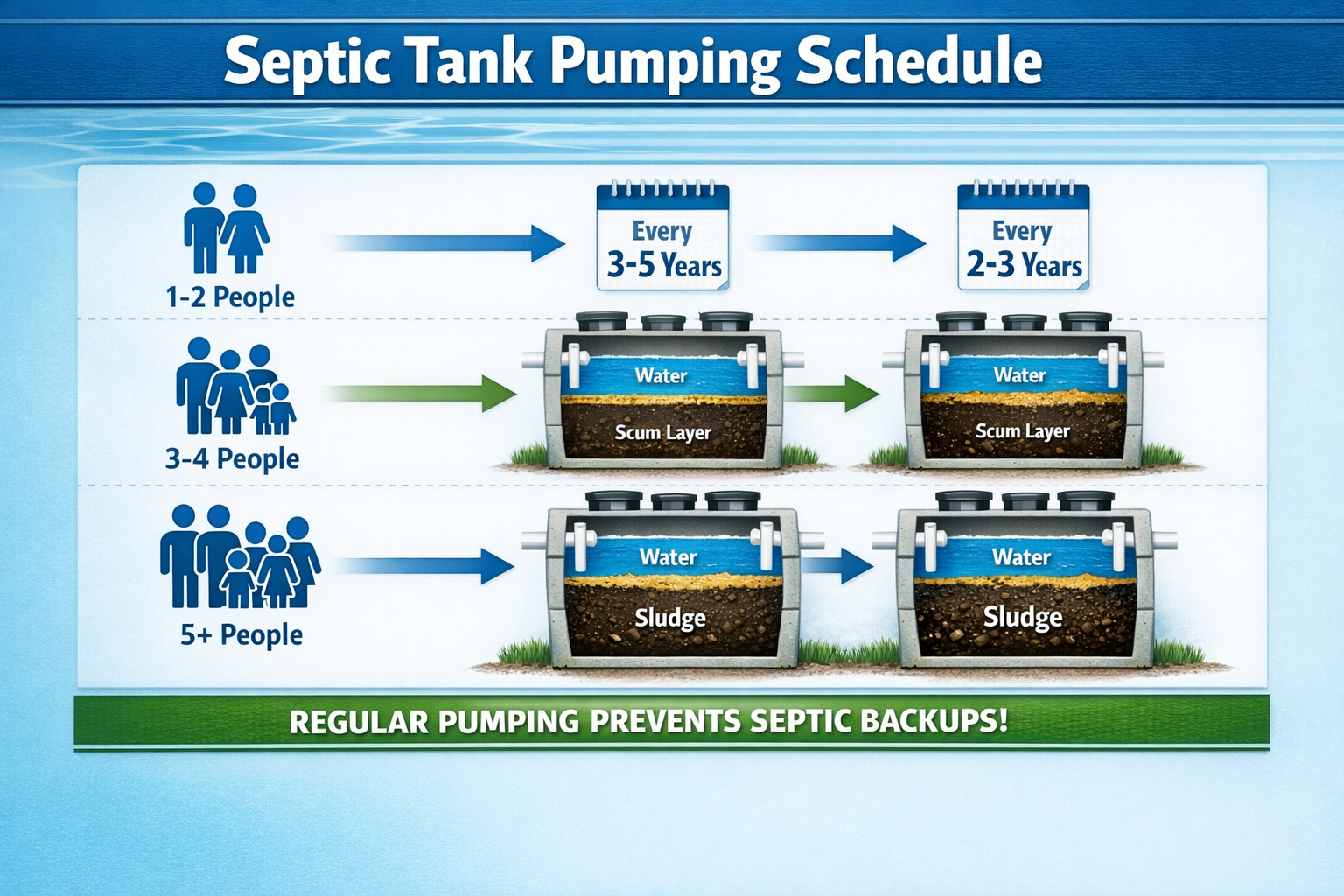 Portrait format (1024x1536) detailed infographic showing septic tank pumping schedule timeline with household size icons (1-2 people, 3-4 pe
