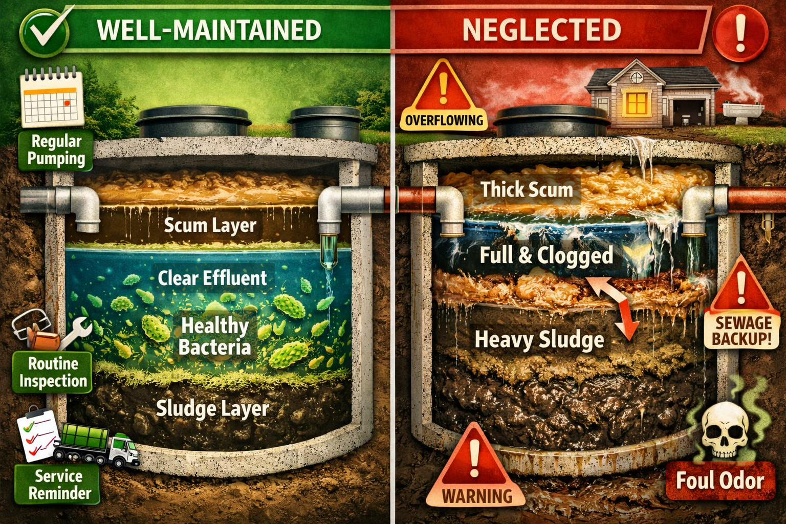 Portrait format (1024x1536) split-screen comparison image showing well-maintained vs neglected septic tank cross-sections. Left side: clean 