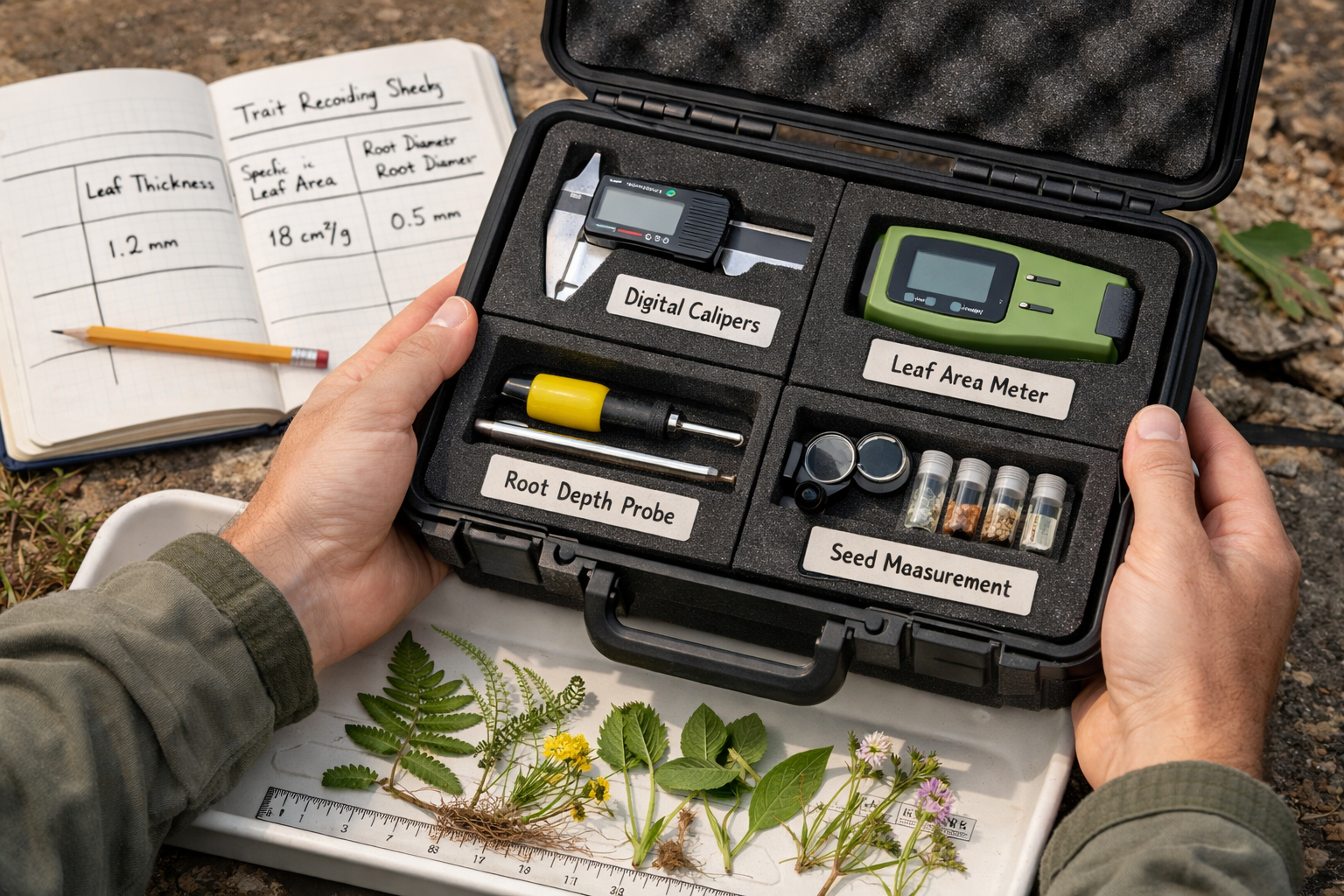 Detailed () image showing field ecologist's hands holding specialized trait measurement kit with labeled compartments
