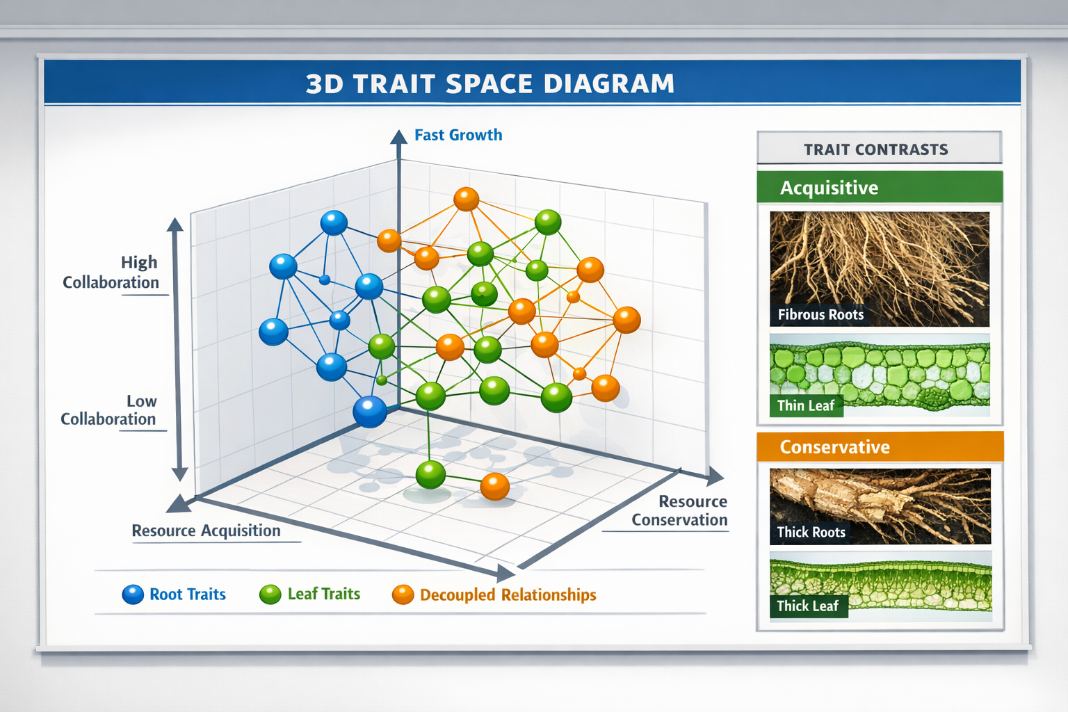 Wide-angle () visualization showing three-dimensional trait space diagram as physical installation or large wall display.