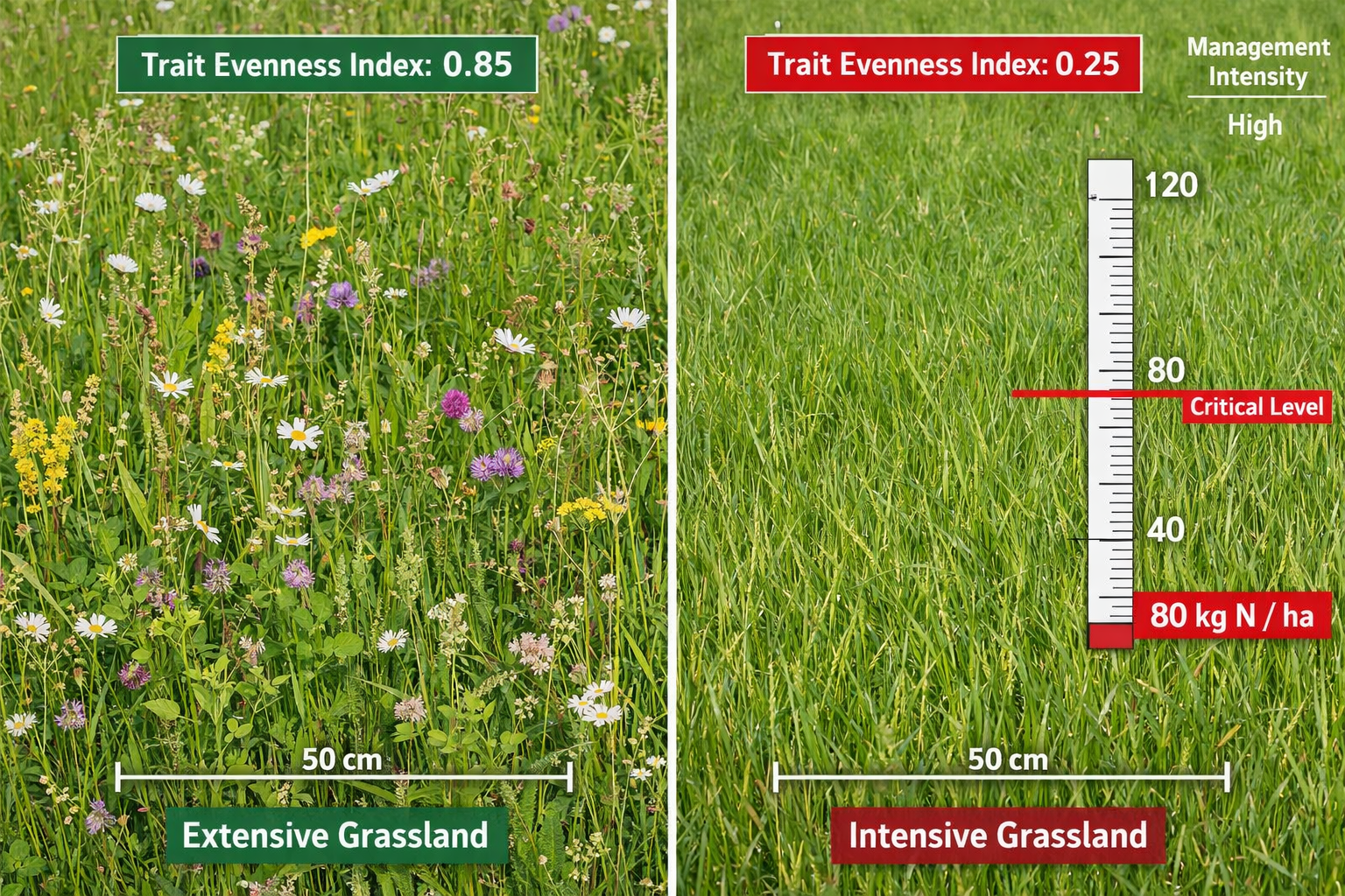 Close-up () comparison photograph showing two adjacent grassland quadrats with stark visual contrast. Left quadrat: