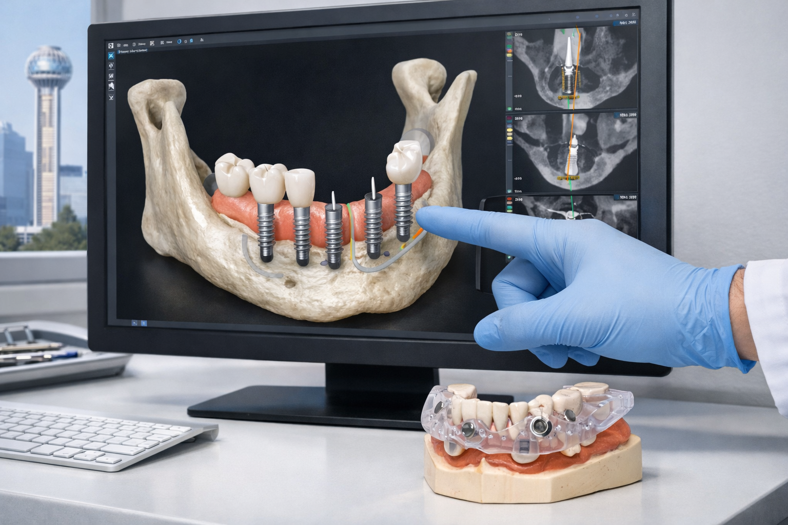 () image displaying a detailed 3D rendering of a jawbone with dental implants digitally placed, shown on a high-resolution