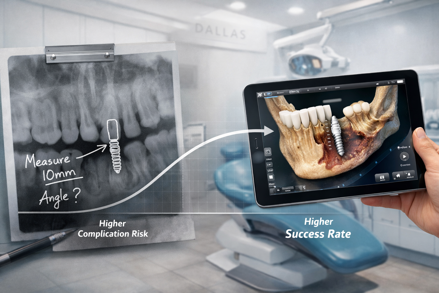 () image illustrating the evolution of dental implant technology. One side shows a traditional X-ray film with manual