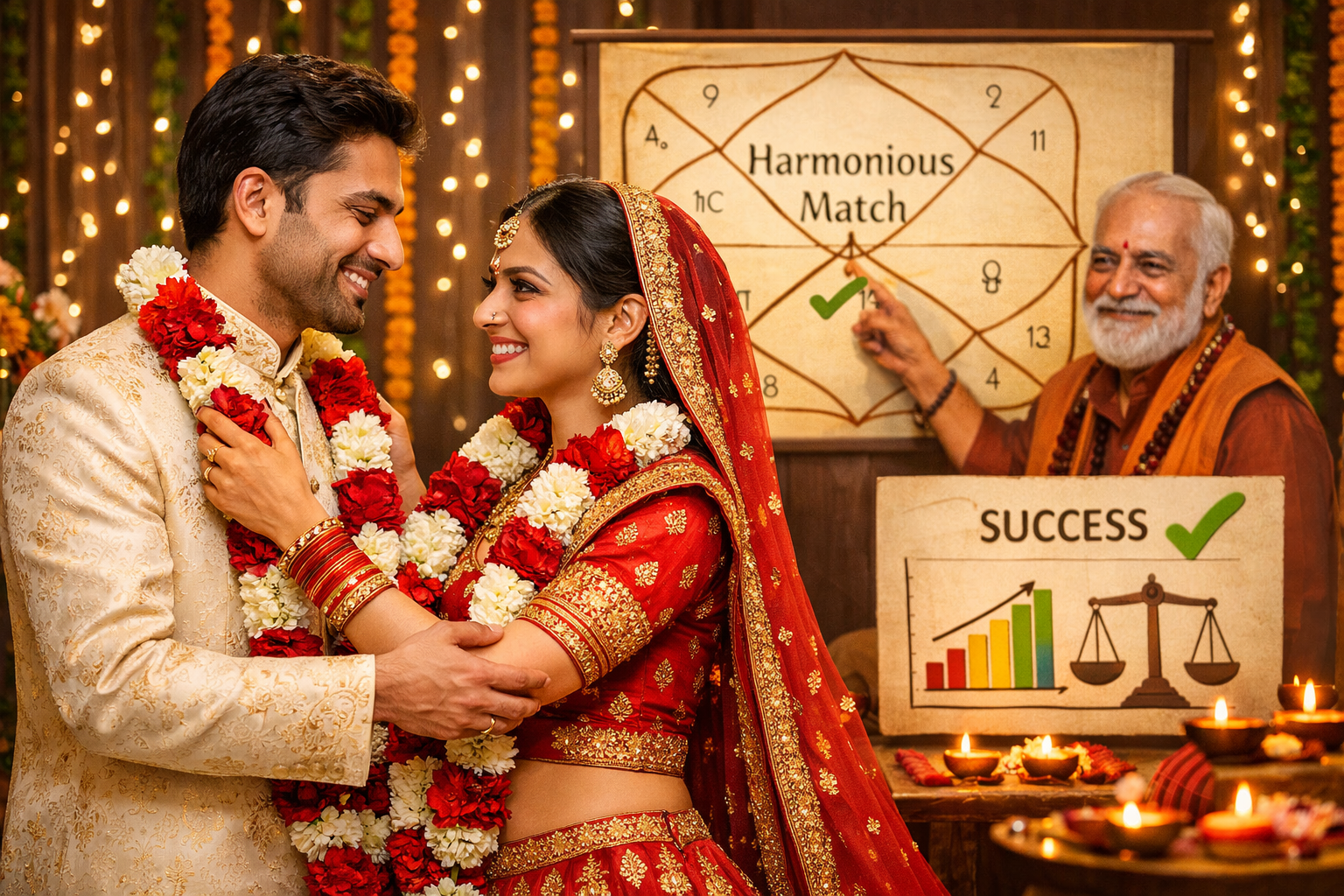 Do not write in Hindi on the images. Must write in English only. Detailed landscape format (1536x1024) image showing a couple joyfully celeb