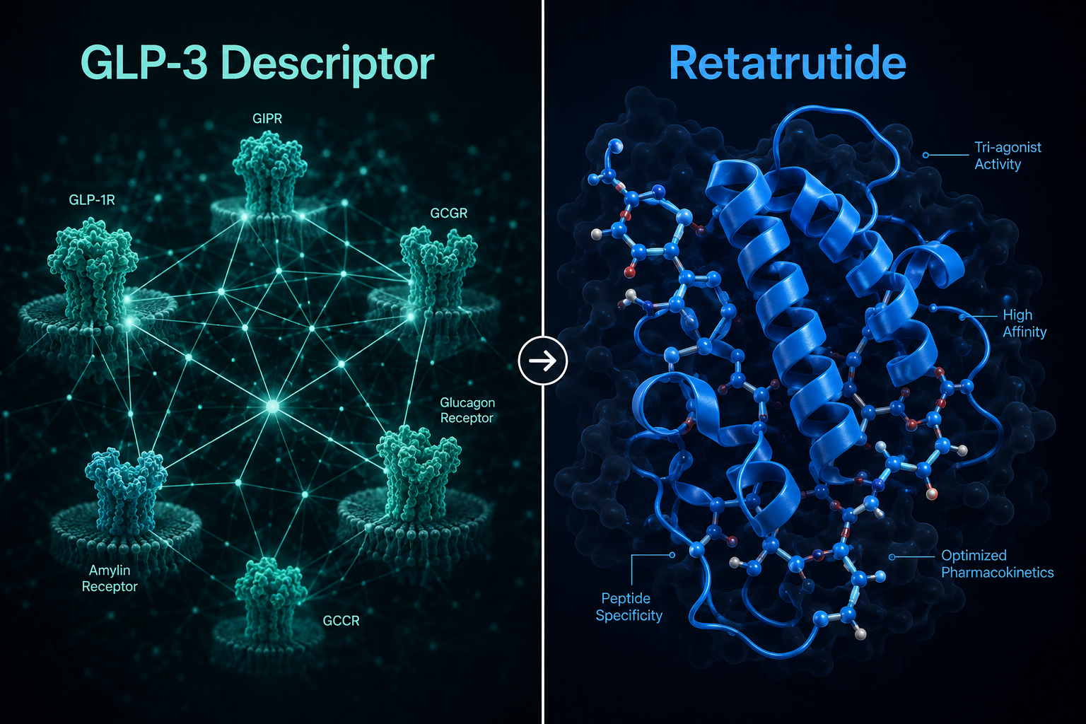 Editorial () showing a conceptual split-screen illustration: left half features the text label 'GLP-3 Descriptor' in over an