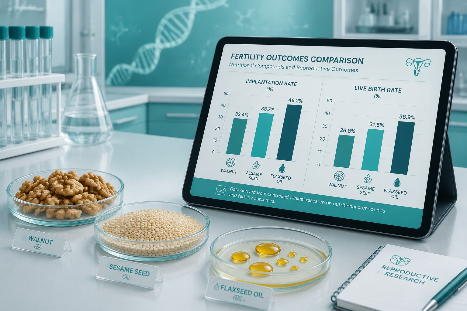 () concept image showing a laboratory bench scene from a 45-degree angle: glass petri dishes containing walnut halves,