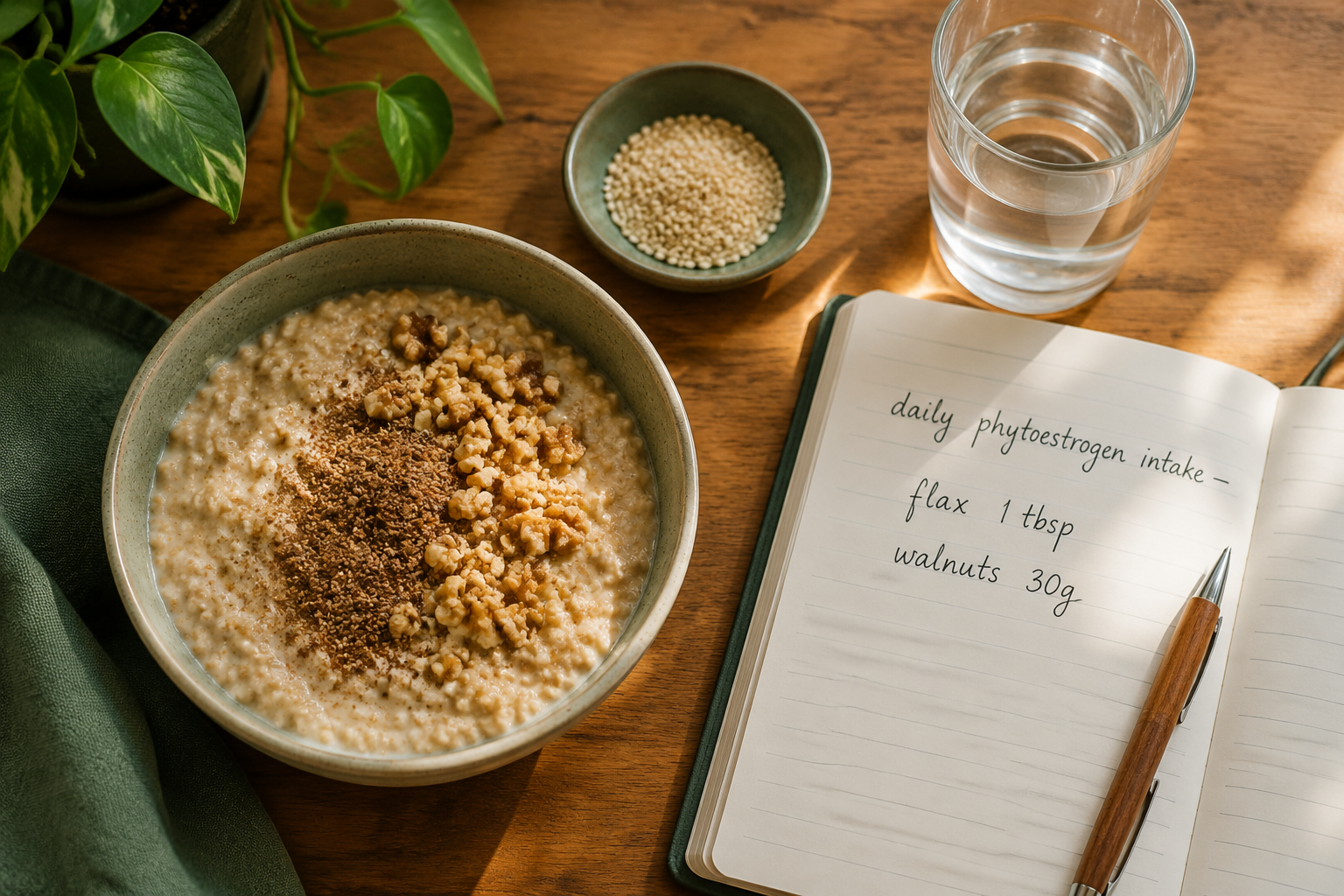 () practical lifestyle editorial image showing a wooden breakfast table from above with a bowl of oatmeal topped with ground