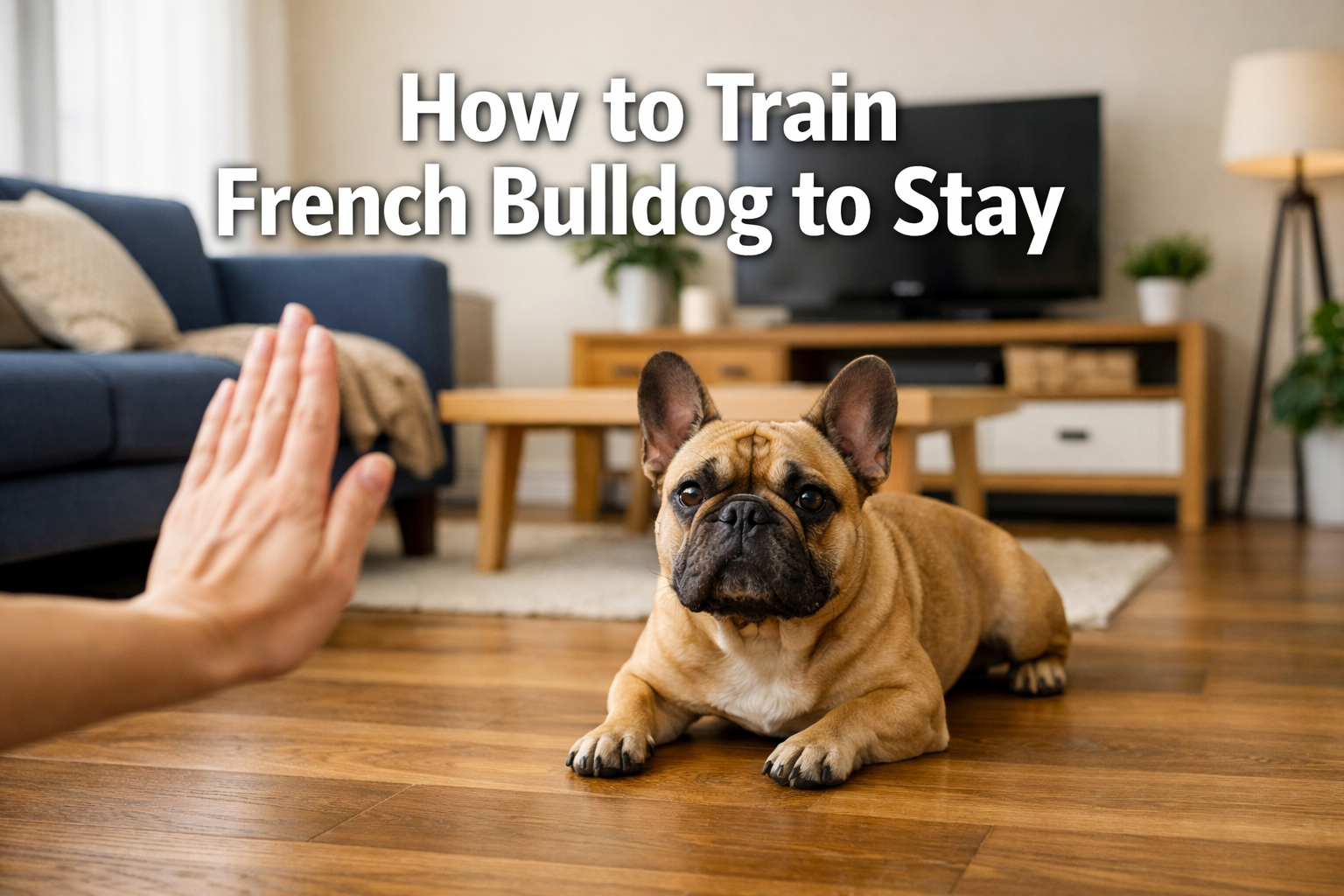 Professional landscape format (1536x1024) hero image featuring bold text overlay 'How to Train French Bulldog to Stay' in extra large 72pt w