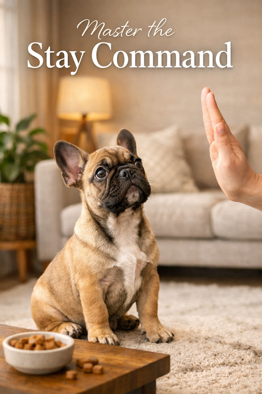 Portrait format (1024x1536) image showing French Bulldog puppy in perfect sit position looking attentively at owner's outstretched palm in s