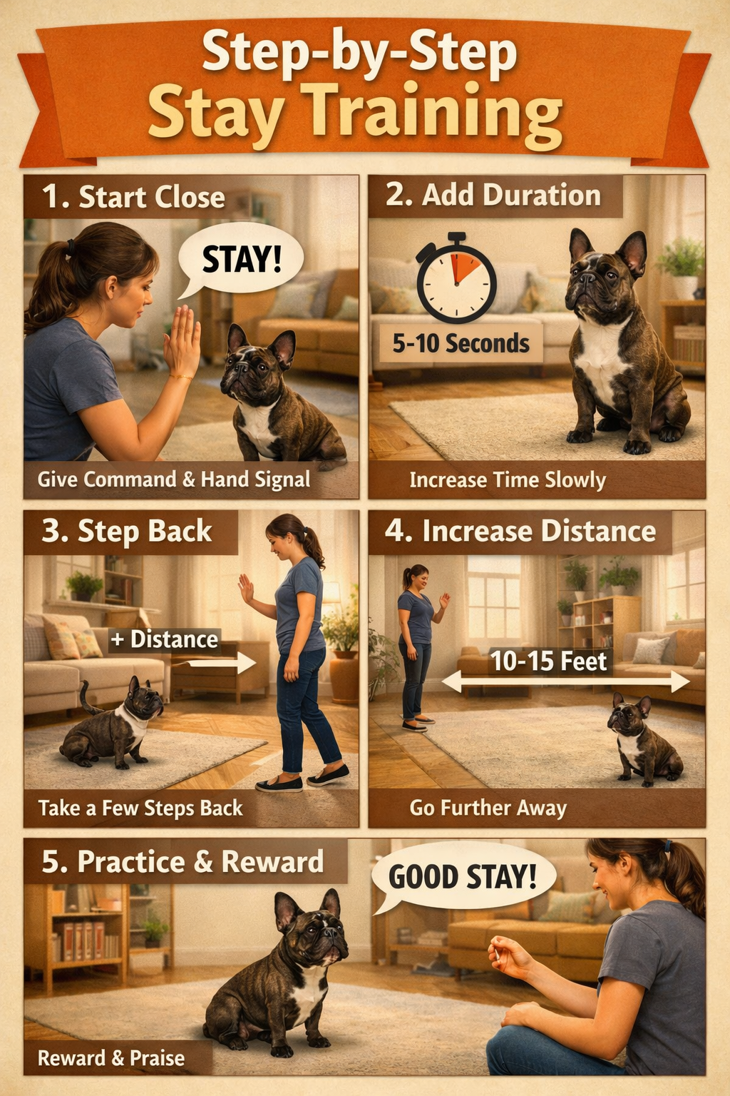 Portrait format (1024x1536) detailed step-by-step visual guide showing French Bulldog progressing through stay training stages, split-screen