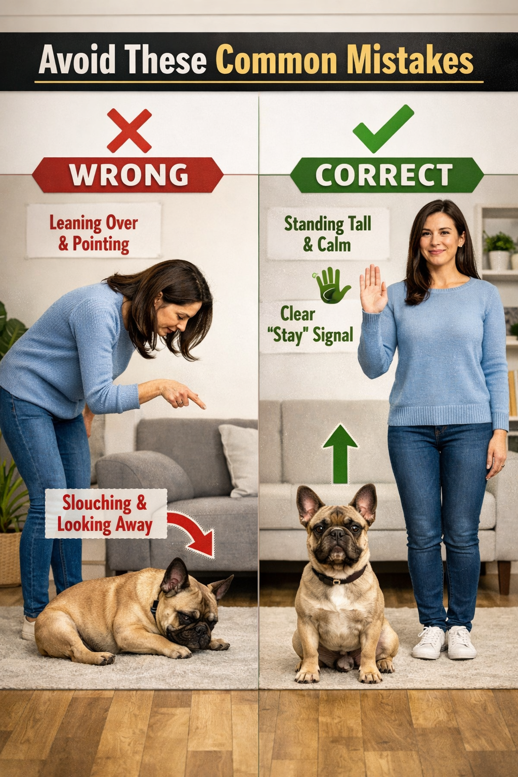 Portrait format (1024x1536) image showing common French Bulldog training mistakes with before/after comparison, split layout showing incorre
