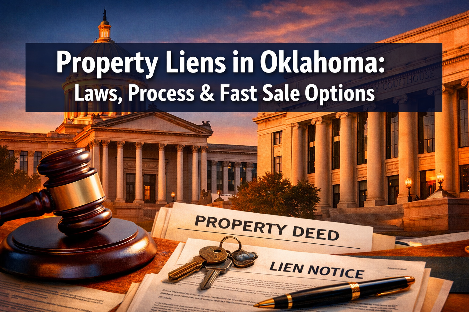 Professional landscape hero image (1536x1024) featuring bold text overlay 'Property Liens in Oklahoma: Laws, Process & Fast Sale Options' in