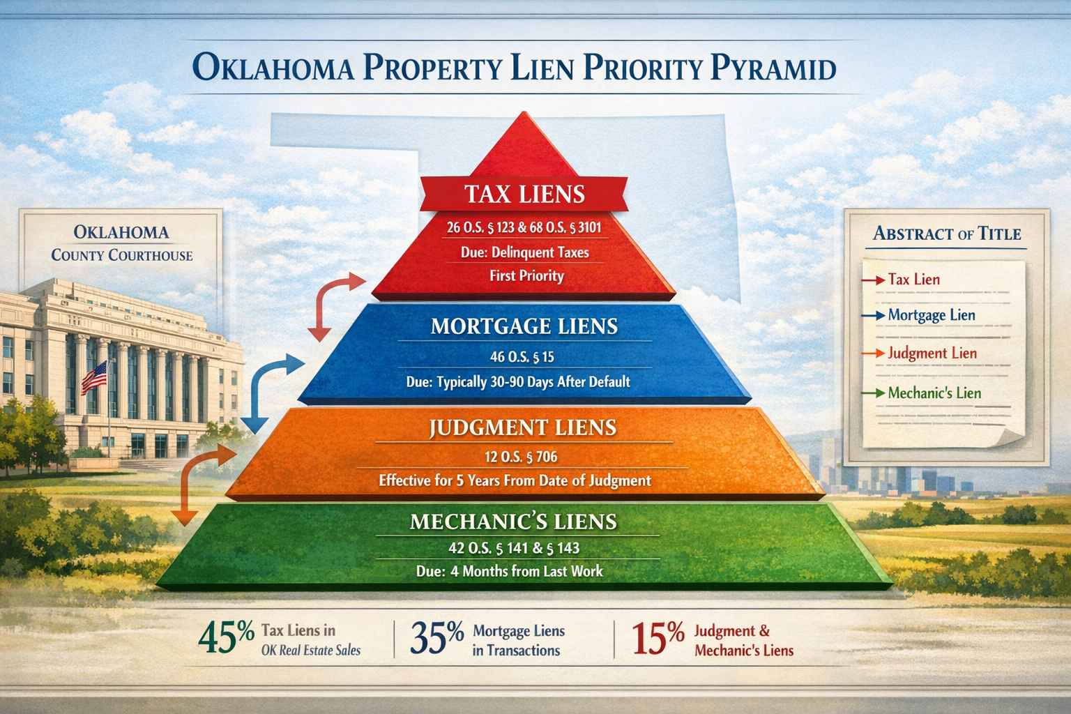 Detailed landscape infographic (1536x1024) showing Oklahoma property lien hierarchy pyramid with tax liens at top priority level in red, fol