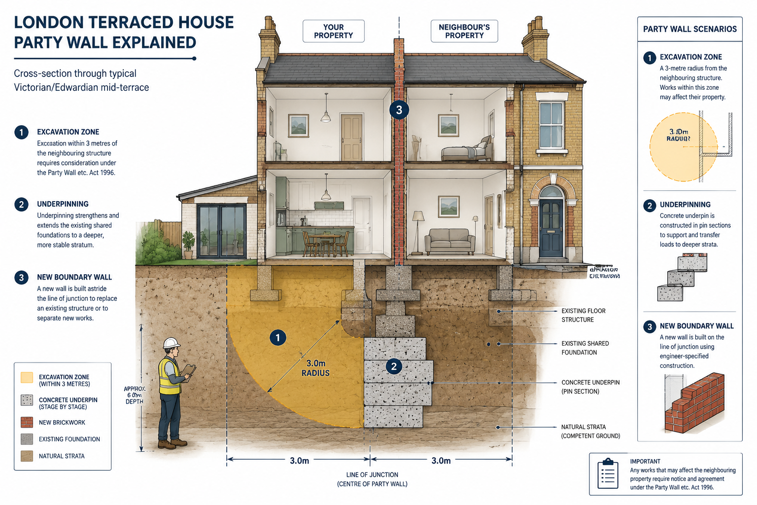 Detailed () infographic-style illustration showing cross-section diagram of London terraced house with labeled party wall